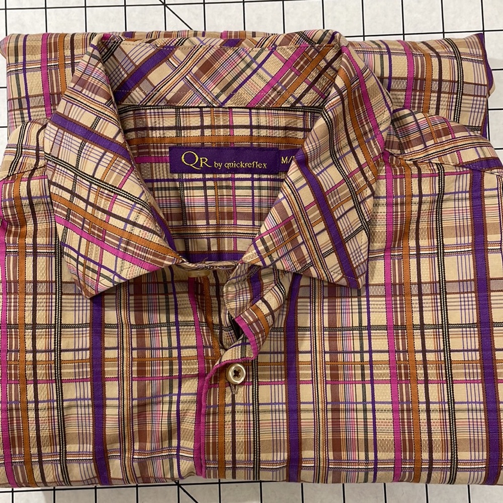 Retro style Quickreflex shirt, multi colored, textured plaid, browns, purples